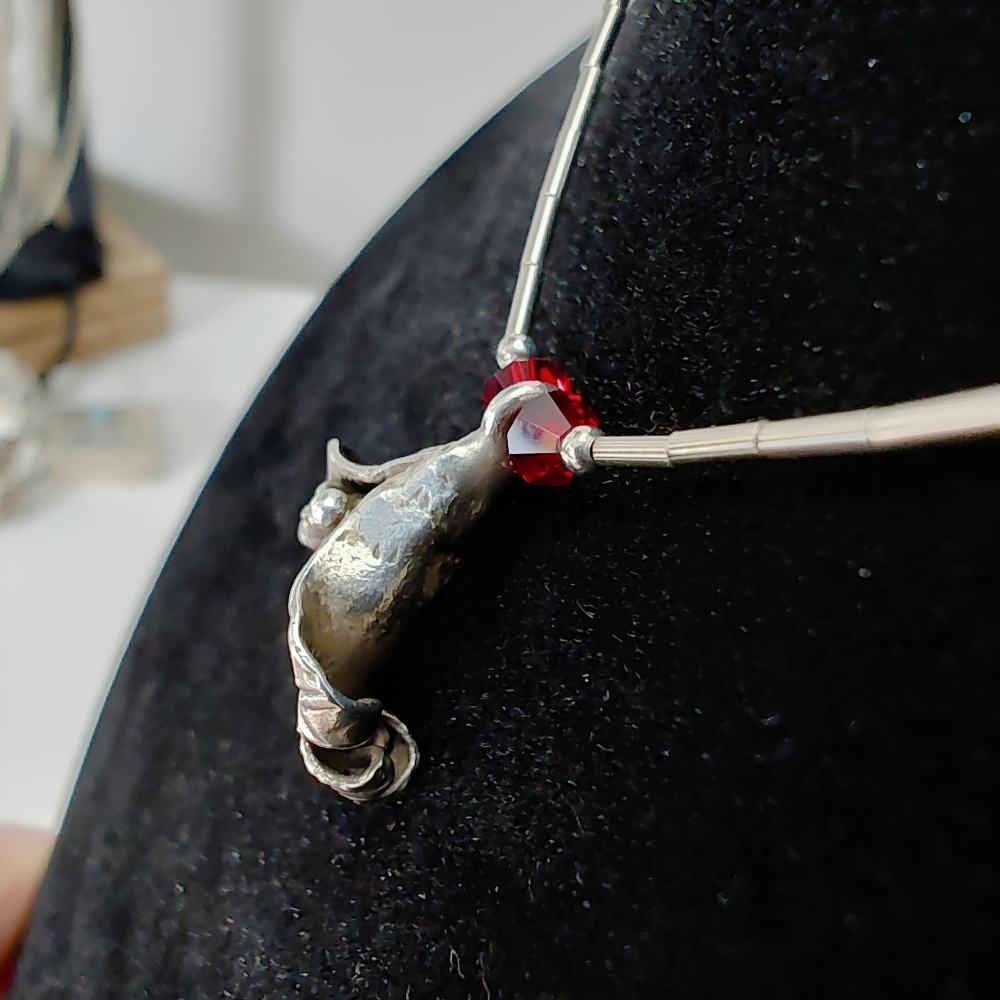 Southwestern Sterling Squash Blossom Liquid Silver Red Crystal Bead Necklace 16" - Picture 8 of 14